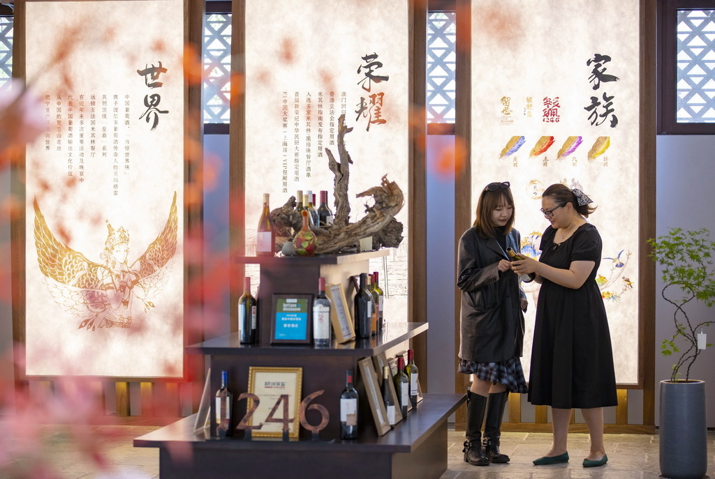 游客（左）在位于银川市的留世酒庄品鉴中心内参观（2025年6月1日摄）。新华社记者 杨植森 摄