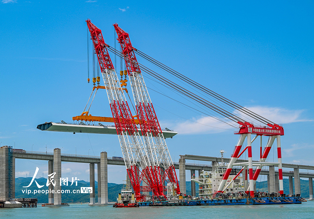 浙江宁波：象山港跨海大桥最大重量节段钢混结合梁架设成功